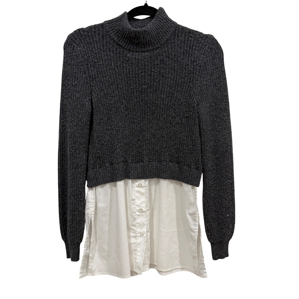 Halston Womens Gray Ribbed Mock Neck Mixed Media Layered Look Sweater Small